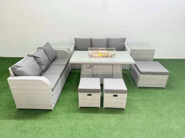 Rackhams Outdoor Garden Furniture 9 Seater Rattan Sofa Set with Fire Pit Dining Table high Back Lounge Sofa 3 Stools 2 Side Table Light Grey - image 1