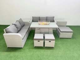 Rackhams Outdoor Garden Furniture 9 Seater Rattan Sofa Set with Fire Pit Dining Table high Back Lounge Sofa 3 Stools 2 Side Table Light Grey - thumbnail 1