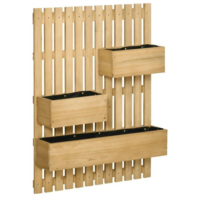 Rackhams Wall-mounted Wooden Garden Planters with Trellis, Drainage Holes and 3 Planter Boxes for Patio, Natural - image 1