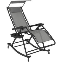 Rackhams Garden Rocking Chair Folding Recliner Outdoor Adjustable Sun Lounger Rocker Zero-Gravity Seat with Headrest Side Holder Patio Deck - Grey - thumbnail 1