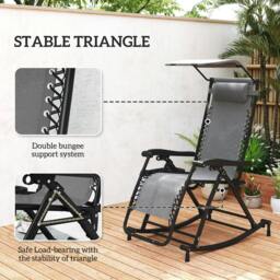 Rackhams Garden Rocking Chair Folding Recliner Outdoor Adjustable Sun Lounger Rocker Zero-Gravity Seat with Headrest Side Holder Patio Deck - Grey - thumbnail 6