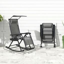 Rackhams Garden Rocking Chair Folding Recliner Outdoor Adjustable Sun Lounger Rocker Zero-Gravity Seat with Headrest Side Holder Patio Deck - Grey - thumbnail 3