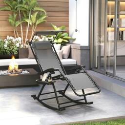 Rackhams Garden Rocking Chair Folding Recliner Outdoor Adjustable Sun Lounger Rocker Zero-Gravity Seat with Headrest Side Holder Patio Deck - Grey - thumbnail 2