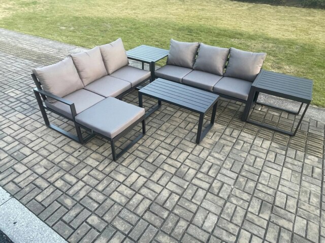 Rackhams Aluminium 6 Pieces Outdoor Garden Furniture Lounge Sofa Set with Oblong Coffee Table Big Footstool 2 Side Tables Dark Grey - image 1