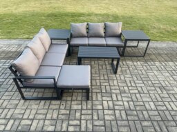 Rackhams Aluminium 6 Pieces Outdoor Garden Furniture Lounge Sofa Set with Oblong Coffee Table Big Footstool 2 Side Tables Dark Grey - thumbnail 2