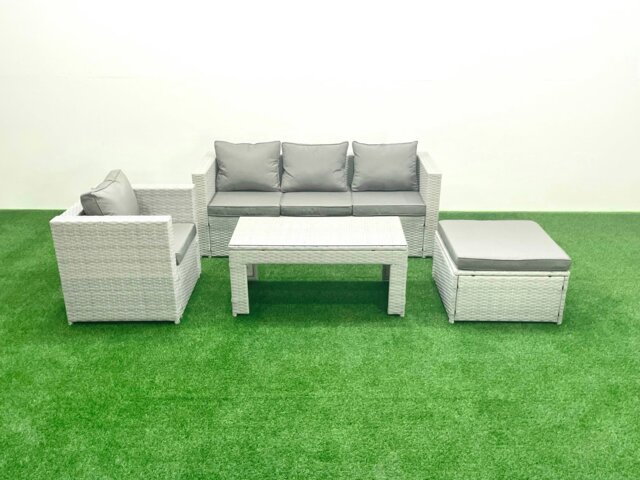 Rackhams Rattan Garden Furniture Set 4 Pieces Outdoor Garden Sofa Oblong Coffee Table Set with Chair Big Footstool Light Grey Mixed - image 1