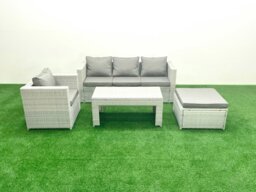 Rackhams Rattan Garden Furniture Set 4 Pieces Outdoor Garden Sofa Oblong Coffee Table Set with Chair Big Footstool Light Grey Mixed - thumbnail 1