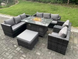Rackhams 9 Seater Outdoor PE Rattan Garden Furniture Set Gas Fire Pit Dining Table Gas Heater Burner With Sofa Armchairs Big Footstool Dark Grey Mixed - thumbnail 1