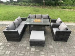 Rackhams 9 Seater Outdoor PE Rattan Garden Furniture Set Gas Fire Pit Dining Table Gas Heater Burner With Sofa Armchairs Big Footstool Dark Grey Mixed - thumbnail 2
