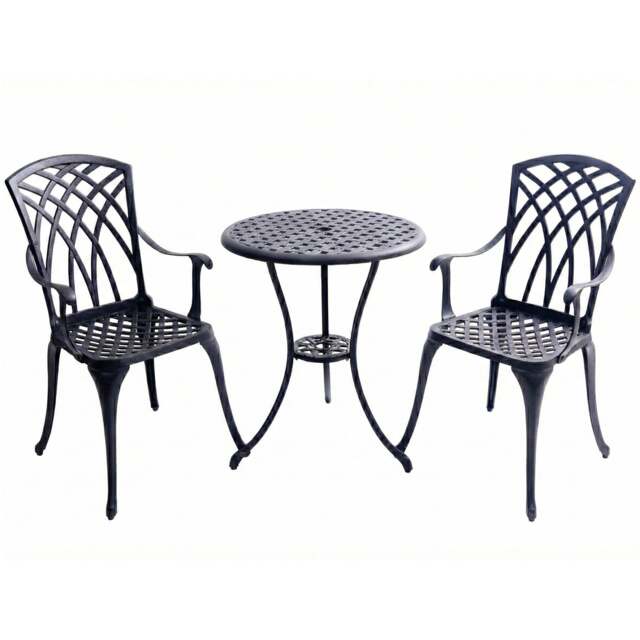 Rackhams OSHOWA Luxurious Garden and Patio Table and 2 Large Chairs with Armrests Cast Aluminium Bistro Set - Black - image 1