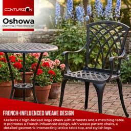 Rackhams OSHOWA Luxurious Garden and Patio Table and 2 Large Chairs with Armrests Cast Aluminium Bistro Set - Black - thumbnail 2