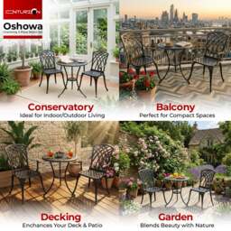 Rackhams OSHOWA Luxurious Garden and Patio Table and 2 Large Chairs with Armrests Cast Aluminium Bistro Set - Black - thumbnail 3