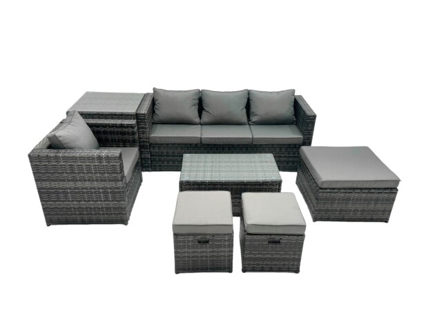 Rackhams Outdoor Coffee Table Sofa Armchair Set with Side Table Big Stool 2 Small Footstools Garden Furniture Set Dark Grey Mixed - image 1