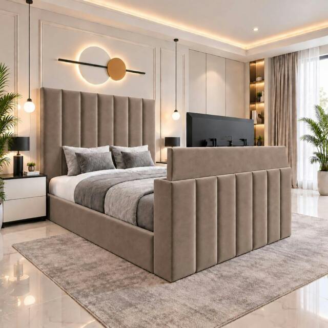 Rackhams Velmora Luxury Upholstered TV Bed with Tall Panel Headboard - King - Solid Wood - Mink - image 1