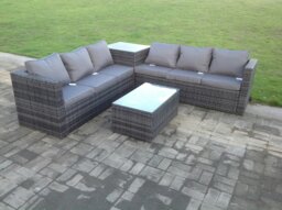 Rackhams Grey Rattan Corner Sofa Set Outdoor Garden Furniture Oblong Coffee Table Set Patio With Cushions - thumbnail 2