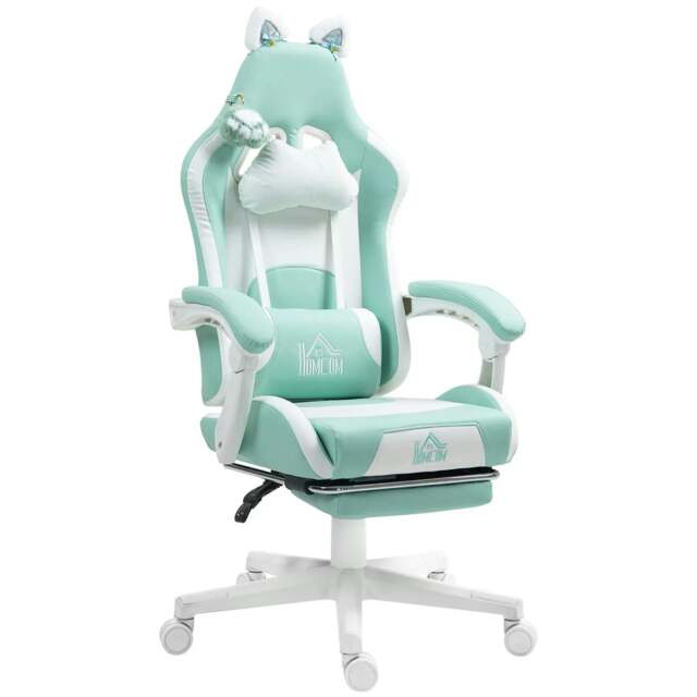 Rackhams Cat Ear and Paw Reclining Office Chair, with Footrest - Light Blue/White