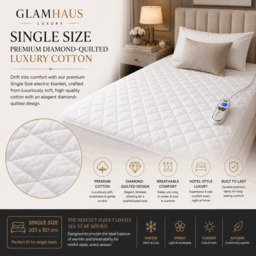 Rackhams Single Size Electric Blanket - Fitted Mattress Bed Cover - White Diamond Quilted - Settings for Feet and Body, Timer - thumbnail 3