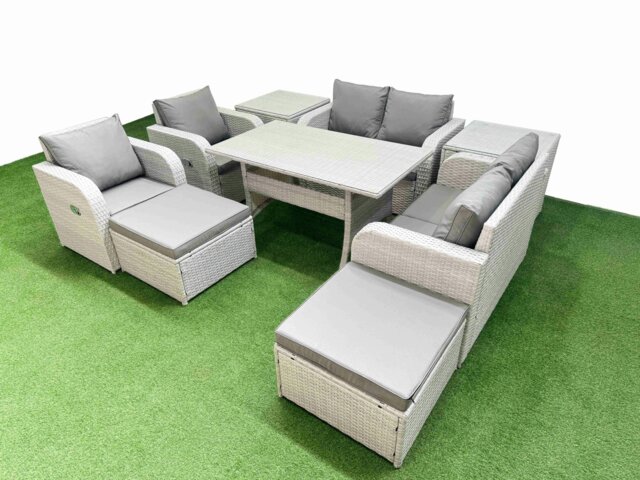 Rackhams 8 Seater Rattan Garden Furniture Set - Light Grey with Reclining Chair, Loveseat & Rectangular Dining Table & 2 Footstools - image 1