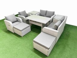 Rackhams 8 Seater Rattan Garden Furniture Set - Light Grey with Reclining Chair, Loveseat & Rectangular Dining Table & 2 Footstools - thumbnail 1