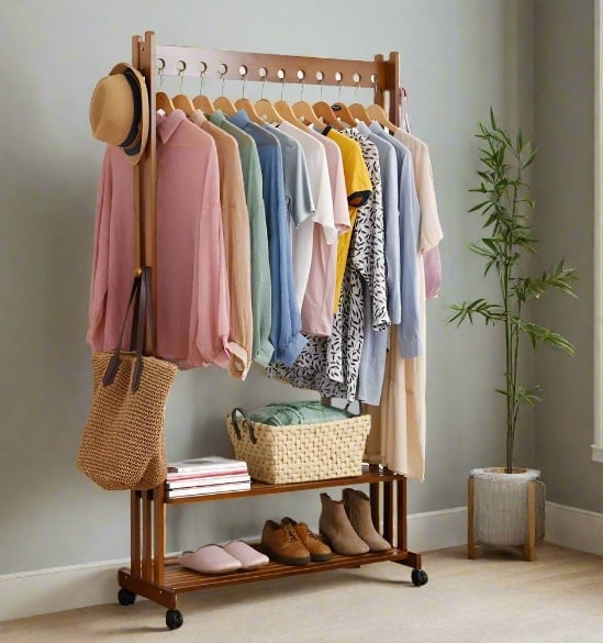 Rackhams Rustic Bamboo Clothes Rail Rack with Rolling Wheels, Two-Tier Shoe Shelves, Adjustable Top Shelf - image 1