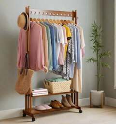 Rackhams Rustic Bamboo Clothes Rail Rack with Rolling Wheels, Two-Tier Shoe Shelves, Adjustable Top Shelf