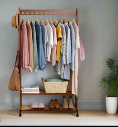 Rackhams Rustic Bamboo Clothes Rail Rack with Rolling Wheels, Two-Tier Shoe Shelves, Adjustable Top Shelf - thumbnail 2