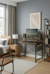 Rackhams Industrial Style Computer Desk with Monitor Riser, Fabric Pouch, Adjustable Legs, 55 x 80 x 90.5 cm