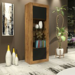 Rackhams Modern Display Cabinet 170cm – Oak Body & Black Matt Doors - 170 - MDF/Chipboard - 1 - thumbnail 2
