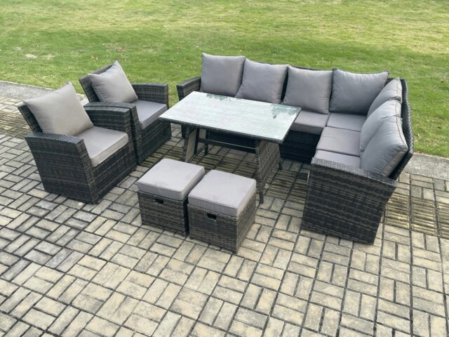 Rackhams High Back Outdoor Garden Furniture Set Rattan Corner Sofa Dining Table Set With Armchairs 2 Small Footstools 10 Seater Dark Grey Mixed - image 1