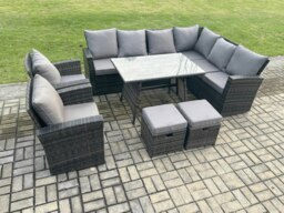 Rackhams High Back Outdoor Garden Furniture Set Rattan Corner Sofa Dining Table Set With Armchairs 2 Small Footstools 10 Seater Dark Grey Mixed - thumbnail 2