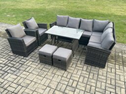Rackhams High Back Outdoor Garden Furniture Set Rattan Corner Sofa Dining Table Set With Armchairs 2 Small Footstools 10 Seater Dark Grey Mixed - thumbnail 1