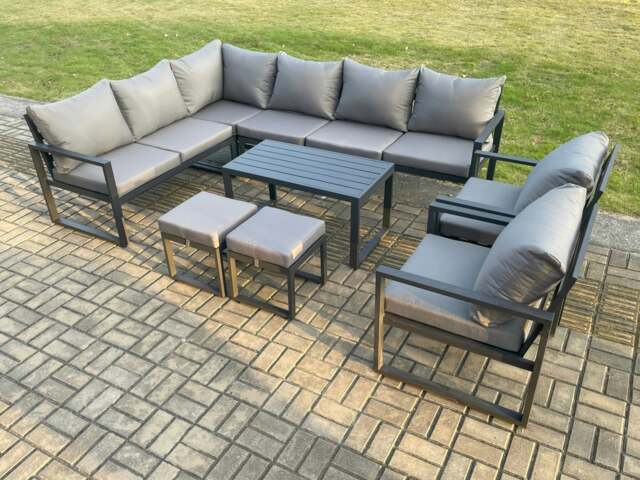 Rackhams Aluminium Garden Furniture Set Outdoor Indoor Lounge Corner Sofa 2 Pcs Chair Oblong Coffee Table Sets with 2 Small Footstools Dark Grey