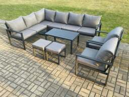 Rackhams Aluminium Garden Furniture Set Outdoor Indoor Lounge Corner Sofa 2 Pcs Chair Oblong Coffee Table Sets with 2 Small Footstools Dark Grey - thumbnail 1
