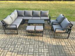 Rackhams Aluminium Garden Furniture Set Outdoor Indoor Lounge Corner Sofa 2 Pcs Chair Oblong Coffee Table Sets with 2 Small Footstools Dark Grey - thumbnail 2