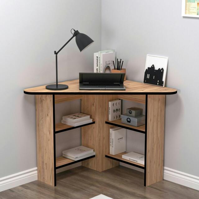 Rackhams Corner Computer Desk with Shelves-Gredos - Atlantic Pine - Black Band - image 1
