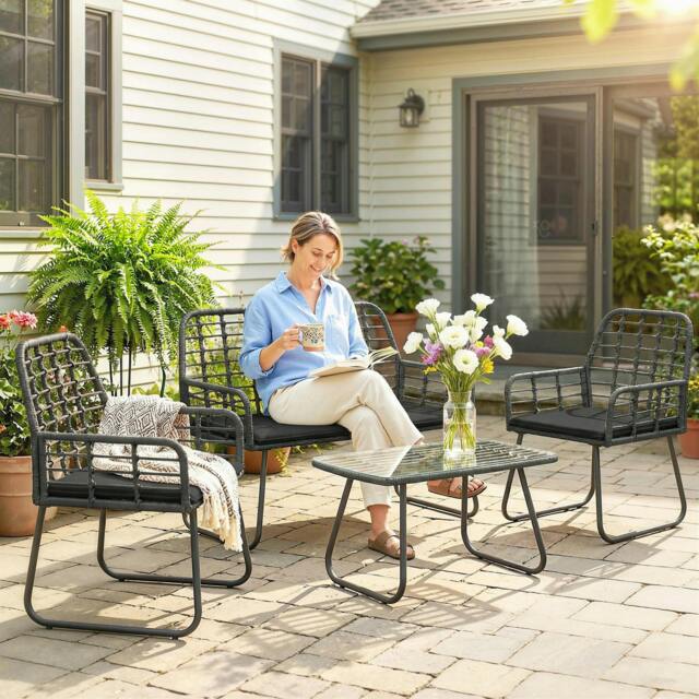 Rackhams Rattan Garden Furniture Set, Indoor Balcony Conservatory Set - Rattan Sofa Set - 1 - PE Rattan, Metal, Polyester, Tempered Glass - image 1