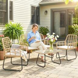 Rackhams Rattan Garden Furniture Set, Indoor Balcony Conservatory Set - Rattan Sofa Set - 1 - PE Rattan, Metal, Polyester, Tempered Glass - thumbnail 6
