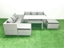Rackhams Rattan Garden Furniture Set 8 Seater Outdoor Sofa Set with Dining Table 2 Big Footstools Light Grey Mixed - thumbnail 2