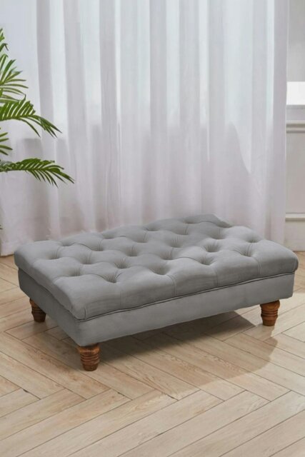 Rackhams Grey Buttoned Velvet Rectangular Ottoman Footstool with Gourd-shaped Legs - Grey - image 1