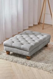 Rackhams Grey Buttoned Velvet Rectangular Ottoman Footstool with Gourd-shaped Legs - Grey - thumbnail 2