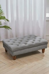 Rackhams Grey Buttoned Velvet Rectangular Ottoman Footstool with Gourd-shaped Legs - Grey