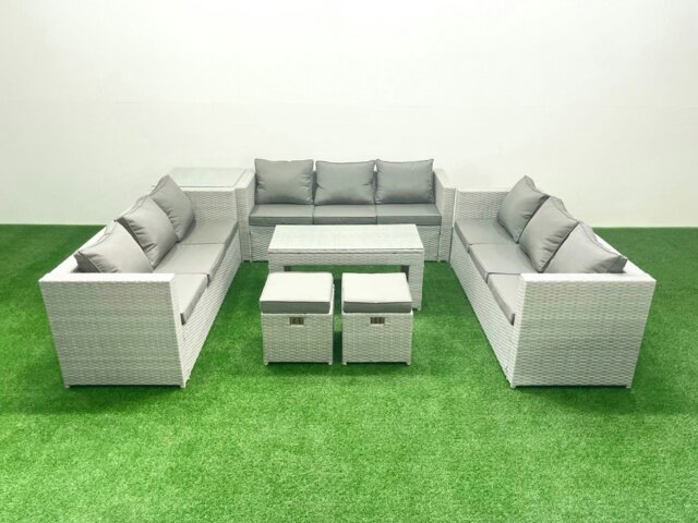Rackhams Rattan Garden Outdoor Furniture Set 11 Seater Garden Sofa Oblong Coffee Table Set with 2 Small Footstool Side Table Light Grey Mixed - image 1