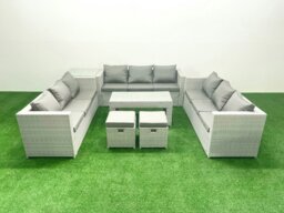 Rackhams Rattan Garden Outdoor Furniture Set 11 Seater Garden Sofa Oblong Coffee Table Set with 2 Small Footstool Side Table Light Grey Mixed - thumbnail 1
