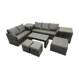Rackhams Rattan Garden Outdoor Furniture Set 3 Seater Sofa Love Sofa Coffee Table with 3 Footstools 2 Side Table Dark Grey Mixed - thumbnail 1