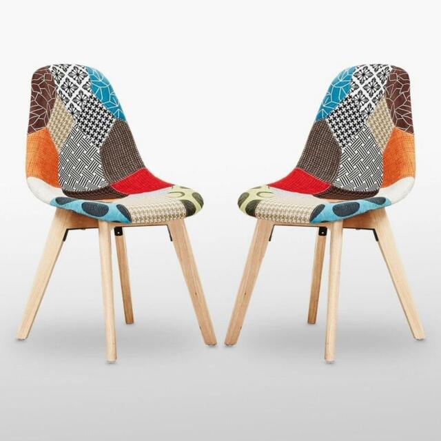 Rackhams Set of 2 Patchwork Multi Colors Fabric Dining Chairs with Wooden Legs, Mid-Century Modern Accent Chair - Fabric - Multicolor - Modern - image 1
