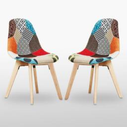 Rackhams Set of 2 Patchwork Multi Colors Fabric Dining Chairs with Wooden Legs, Mid-Century Modern Accent Chair - Fabric - Multicolor - Modern - thumbnail 1