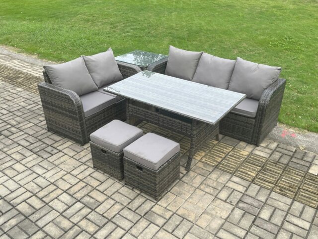 Rackhams Outdoor Garden Patio Furniture Set - Dark Grey Mixed Wicker Rattan Oblong Dining Table & Lounge Sofa with 2 Small Footstools - image 1