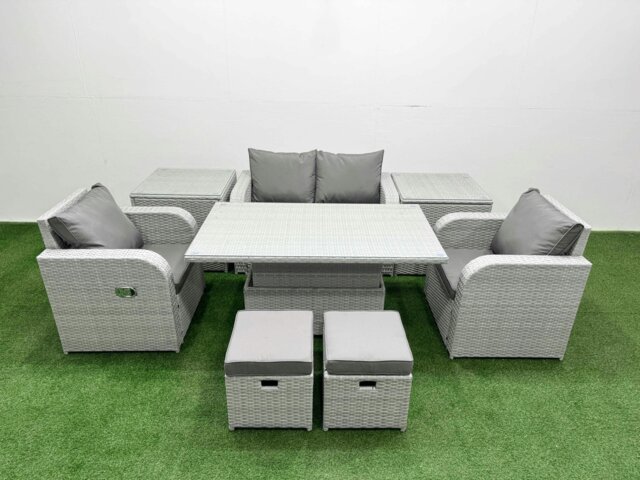 Rackhams 6-Seater Light Grey PE Rattan Sofa Set - Outdoor/Indoor Reclining Chair, Adjustable Coffee/Dining Table, 2 Footstools, 2 Side Tables - image 1