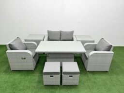 Rackhams 6-Seater Light Grey PE Rattan Sofa Set - Outdoor/Indoor Reclining Chair, Adjustable Coffee/Dining Table, 2 Footstools, 2 Side Tables - thumbnail 2
