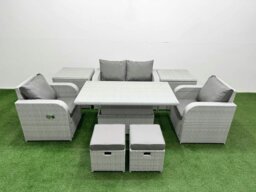 Rackhams 6-Seater Light Grey PE Rattan Sofa Set - Outdoor/Indoor Reclining Chair, Adjustable Coffee/Dining Table, 2 Footstools, 2 Side Tables - thumbnail 1